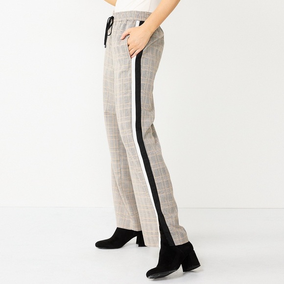 Nine West Pants - Nine West Side-Stripe Wide-Leg Plaid Pants, XS, Black White Gold, Elastic Waist